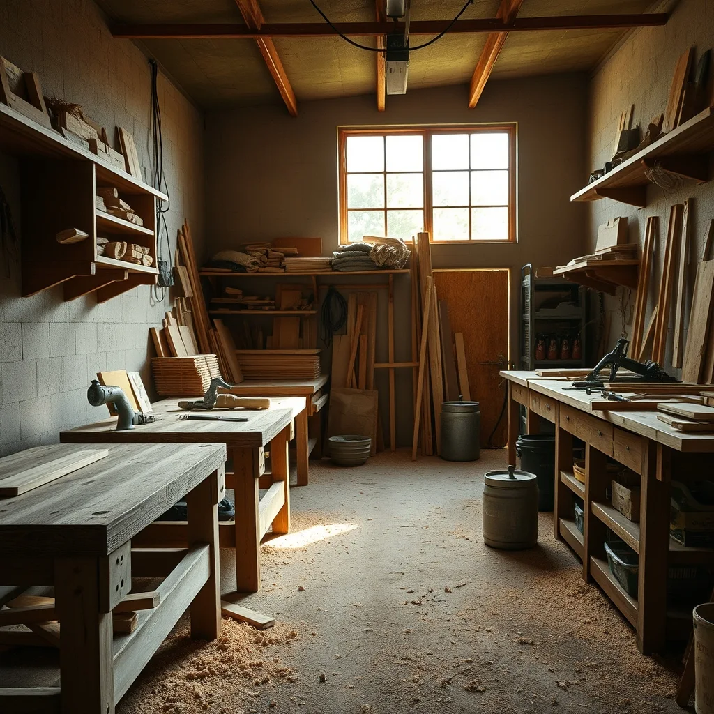 A small carpentry workshop interior with timber benches, tools and natural light from windows.