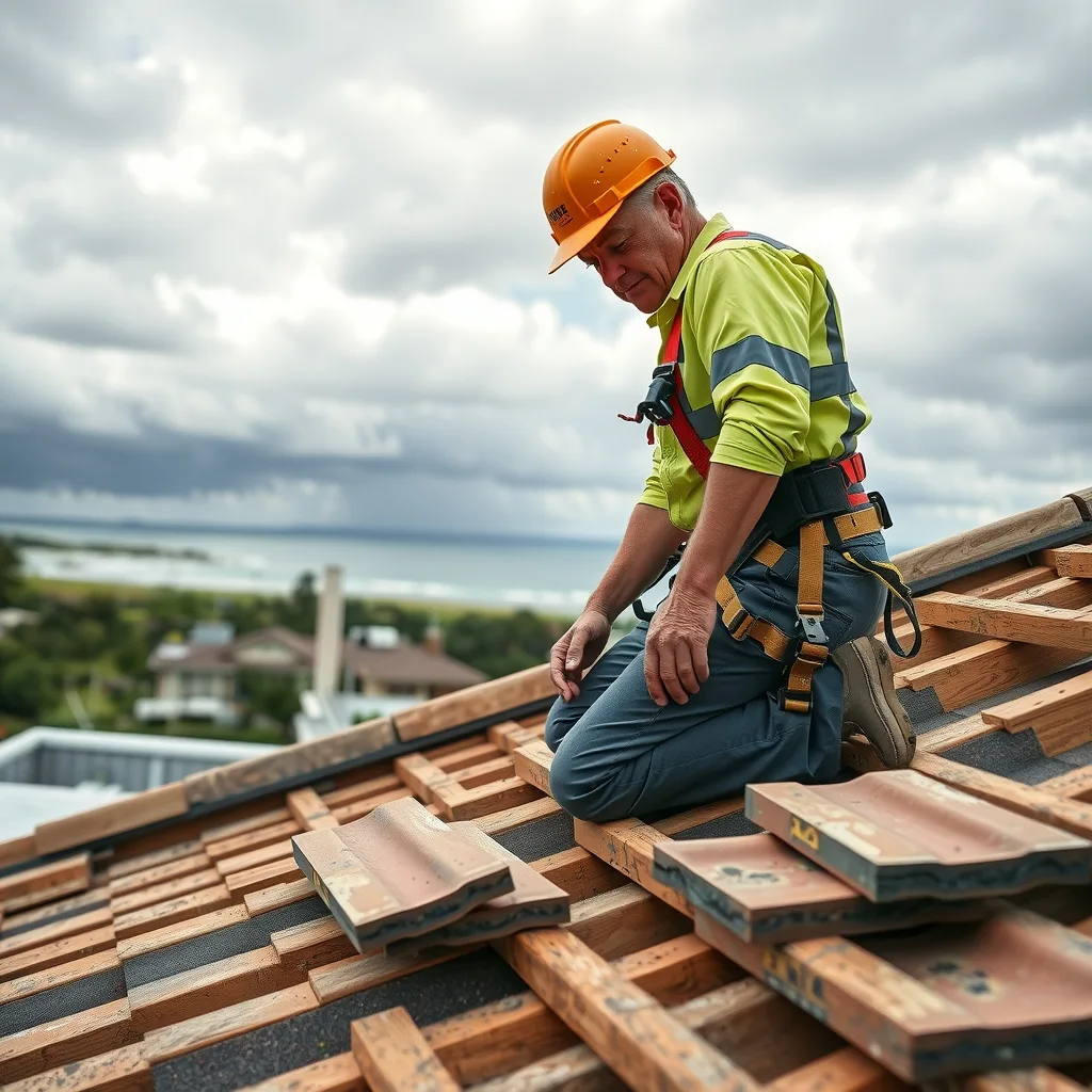 Roofer inspecting timber battens on a partly stripped tiled roof after storm damage.