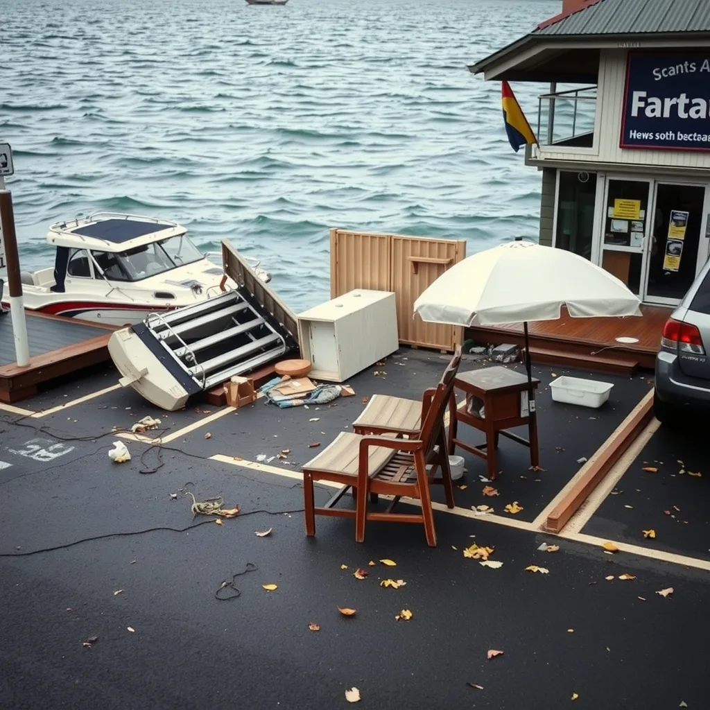 Storm debris and overturned outdoor furniture on a car park beside a coastal boat harbour.