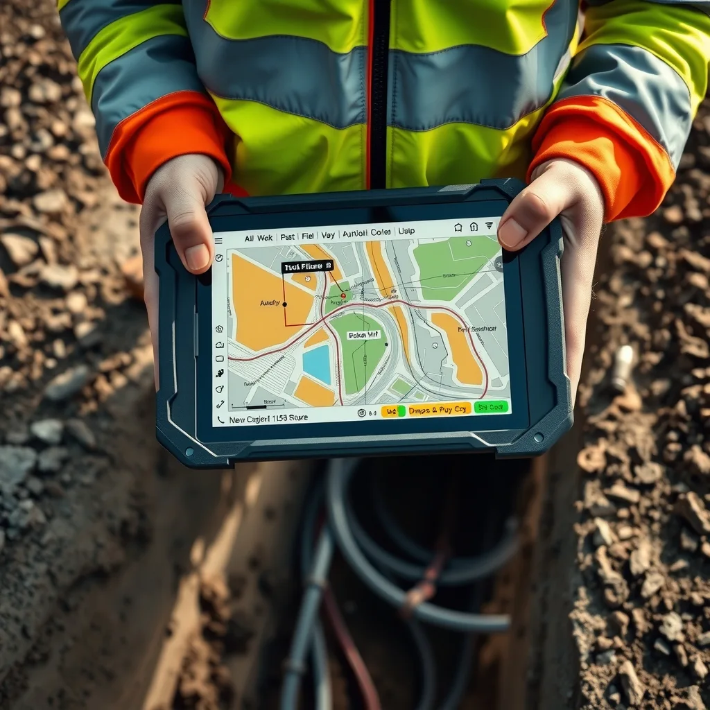 A worker holds a tablet showing a colour-coded underground services map above an open trench