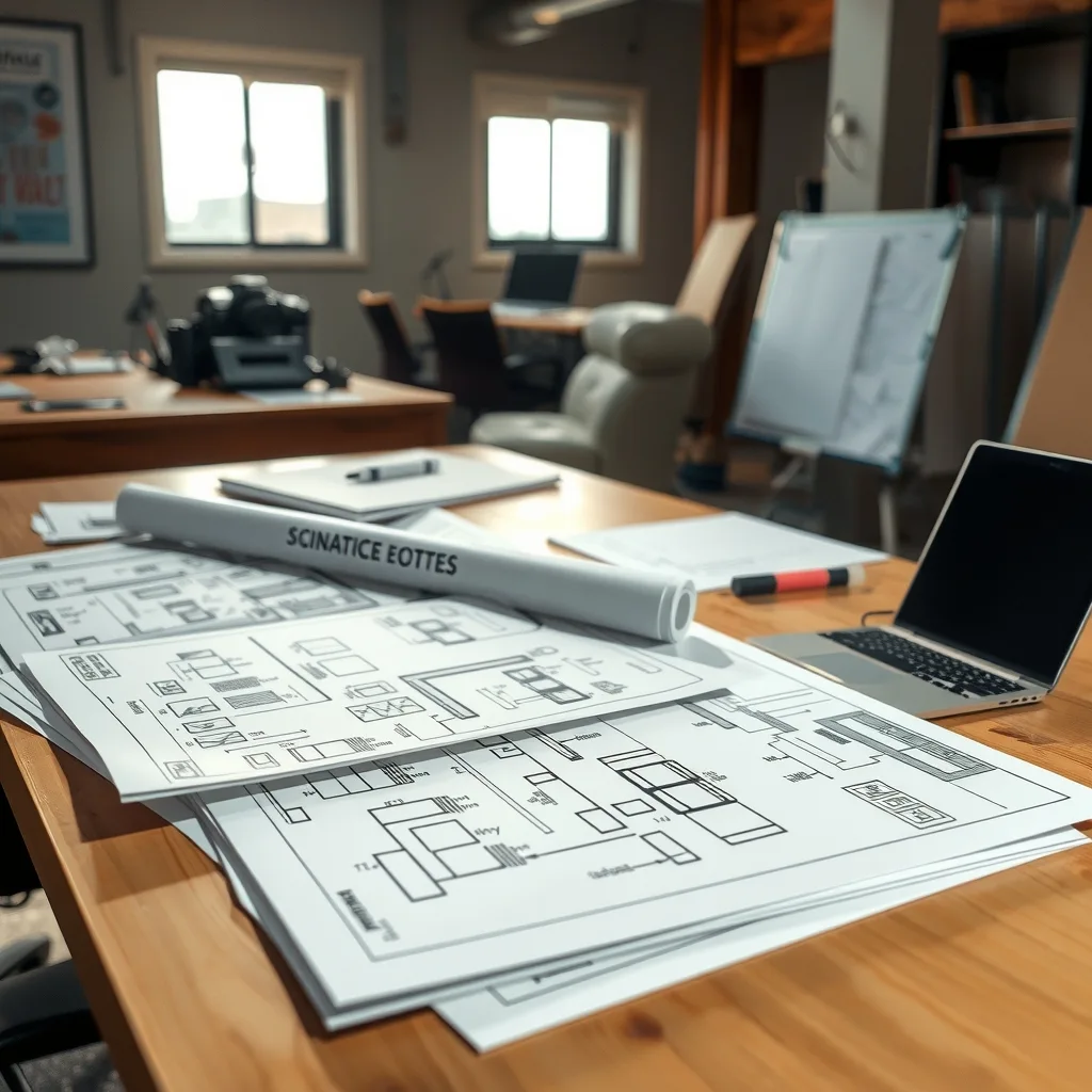 Printed utility drawings spread across a site office table with a scale rule and highlighter
