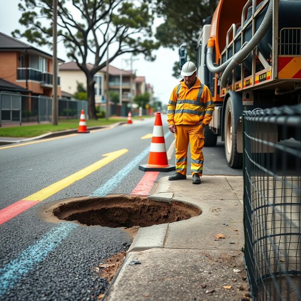 Coloured service locating marks sprayed on a suburban road next to an open potholing hole and a vacuum excavation truck