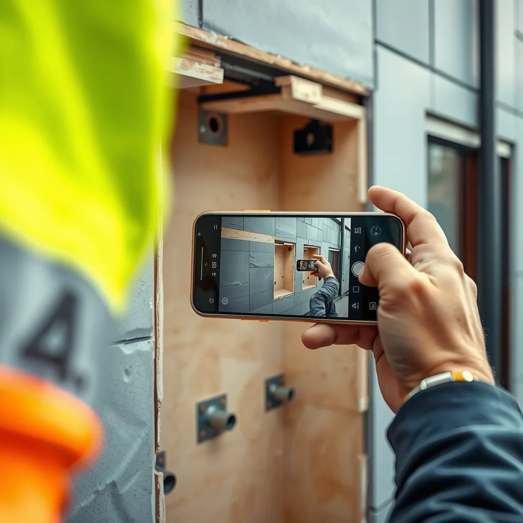 A worker photographing an exposed wall cavity and fixings on a building site