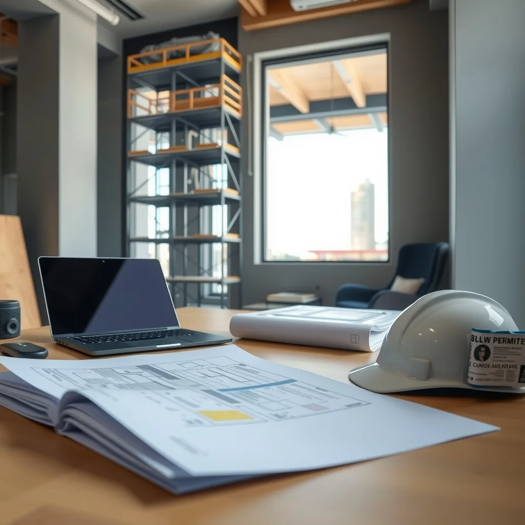 Marked-up building plans and a permit folder on a site office desk beside a hard hat