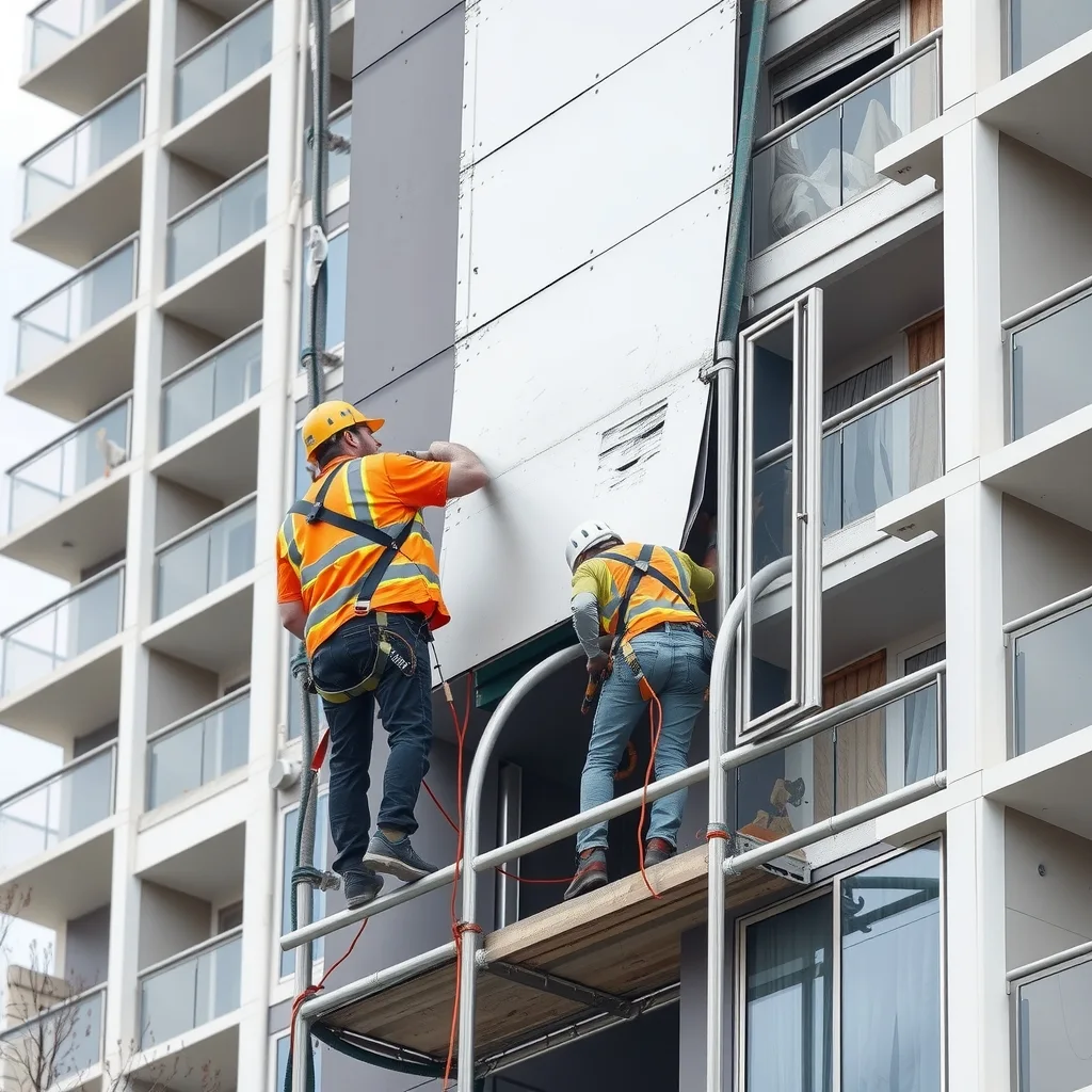 Workers on scaffolding removing aluminium composite cladding panels from an apartment building facade