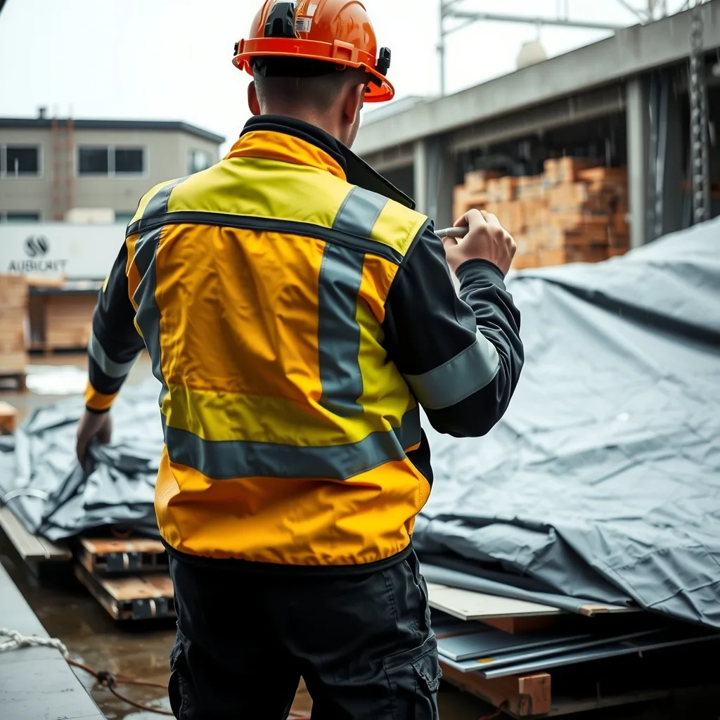 A worker in wet weather gear pulling a tarp over stacked building materials on a slab in the rain.