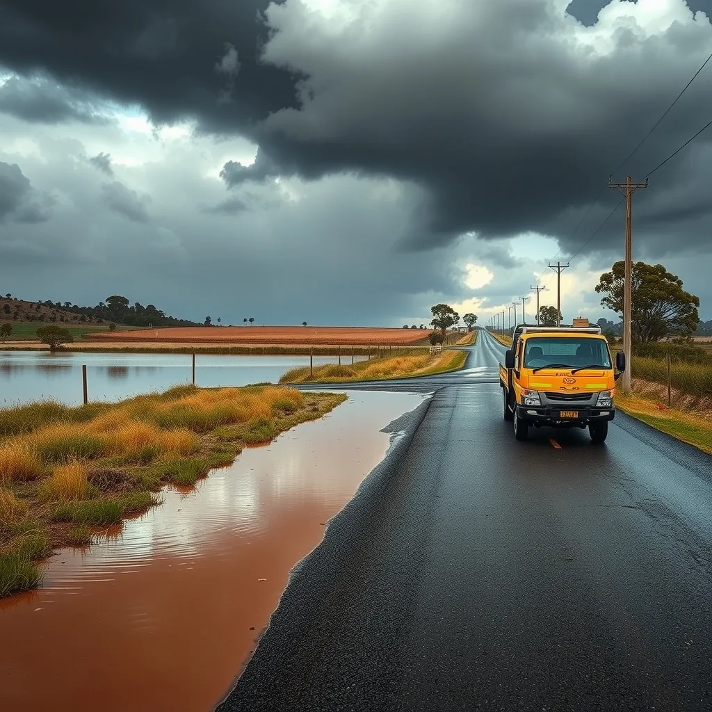 Floodwater across a rural road with a work ute stopped at the water's edge under a dark sky.