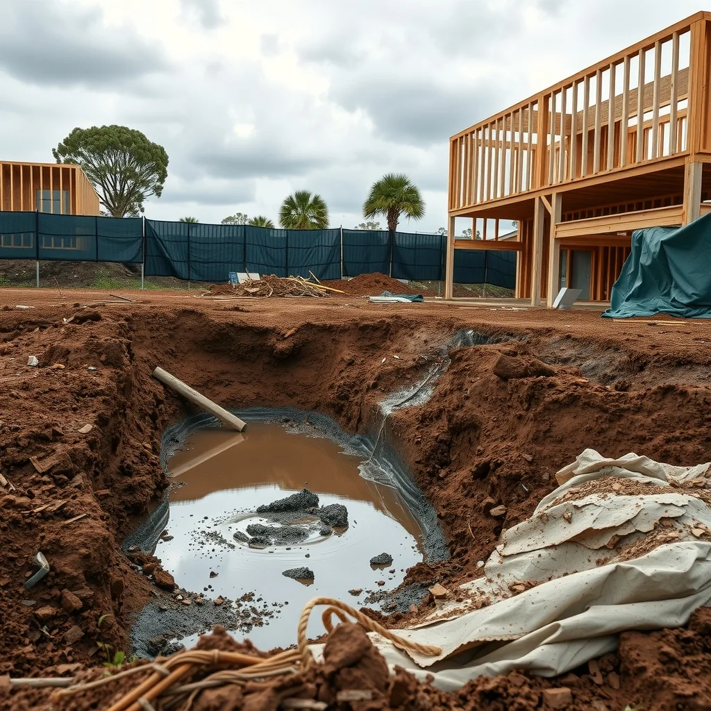 Water pooling in an open excavation on a muddy, rain-soaked residential building site.