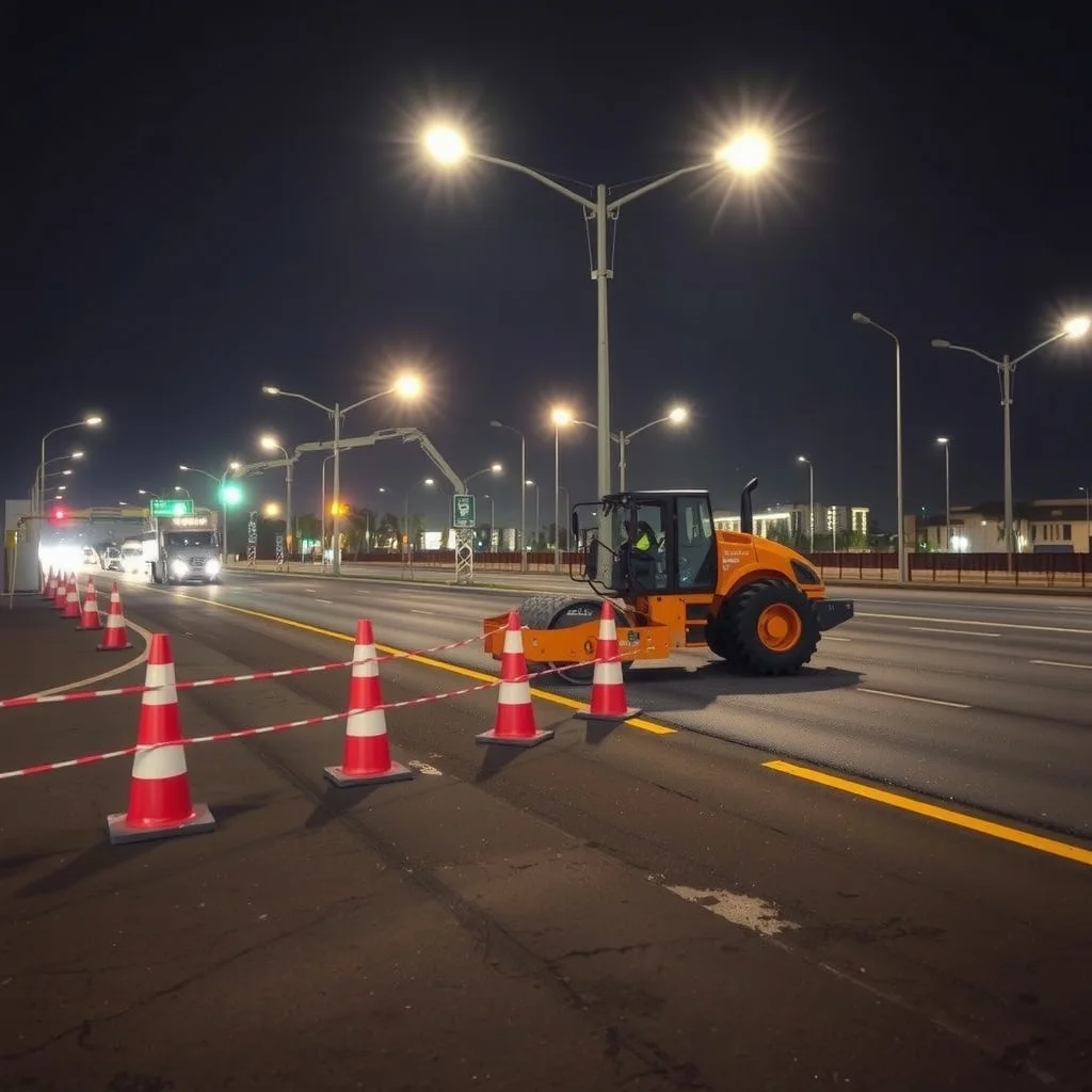 Asphalt paving crew working a closed freeway lane at night under lighting towers