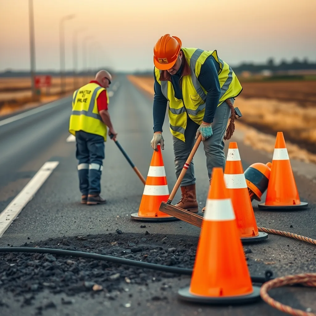 Road crew in high-vis patching a pothole on a regional highway with traffic control signs set up