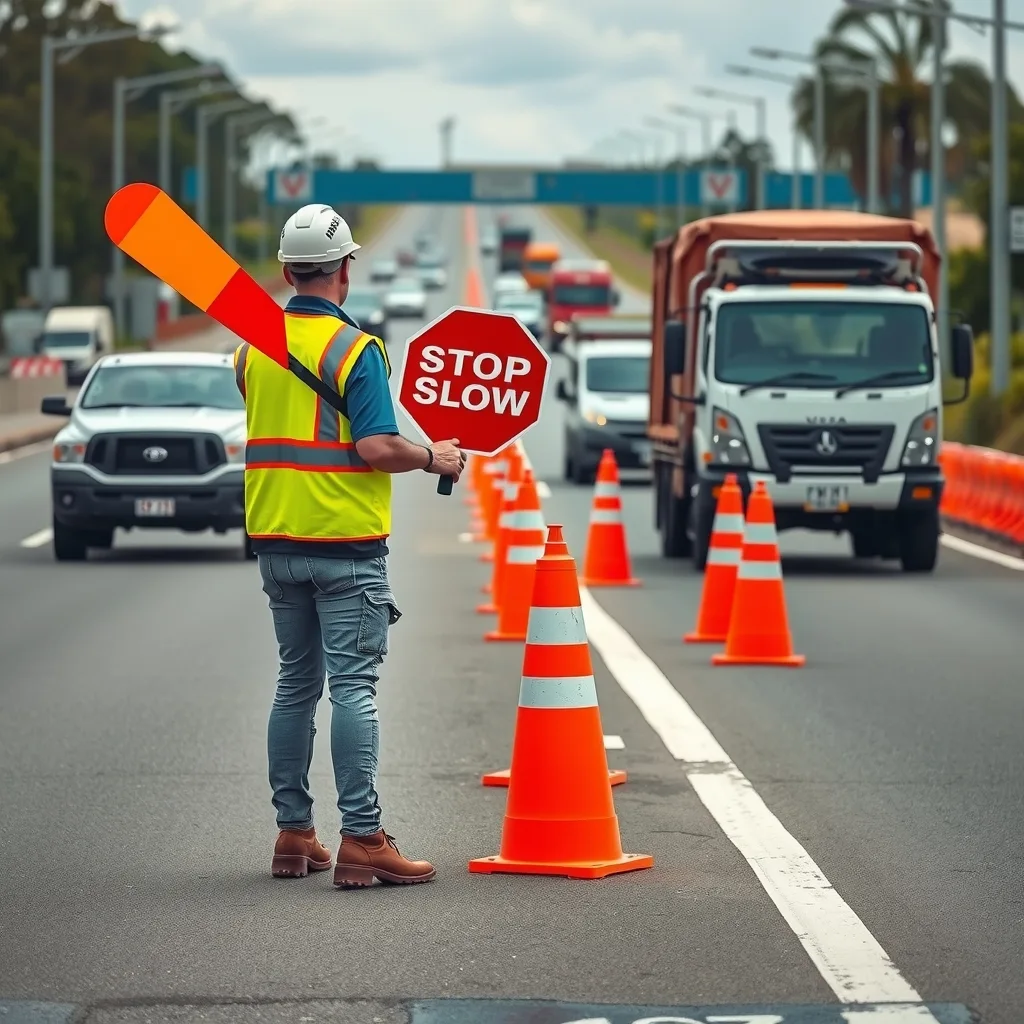Traffic controller holding a stop-slow sign beside a partially closed lane with utes and a plant trailer queued behind