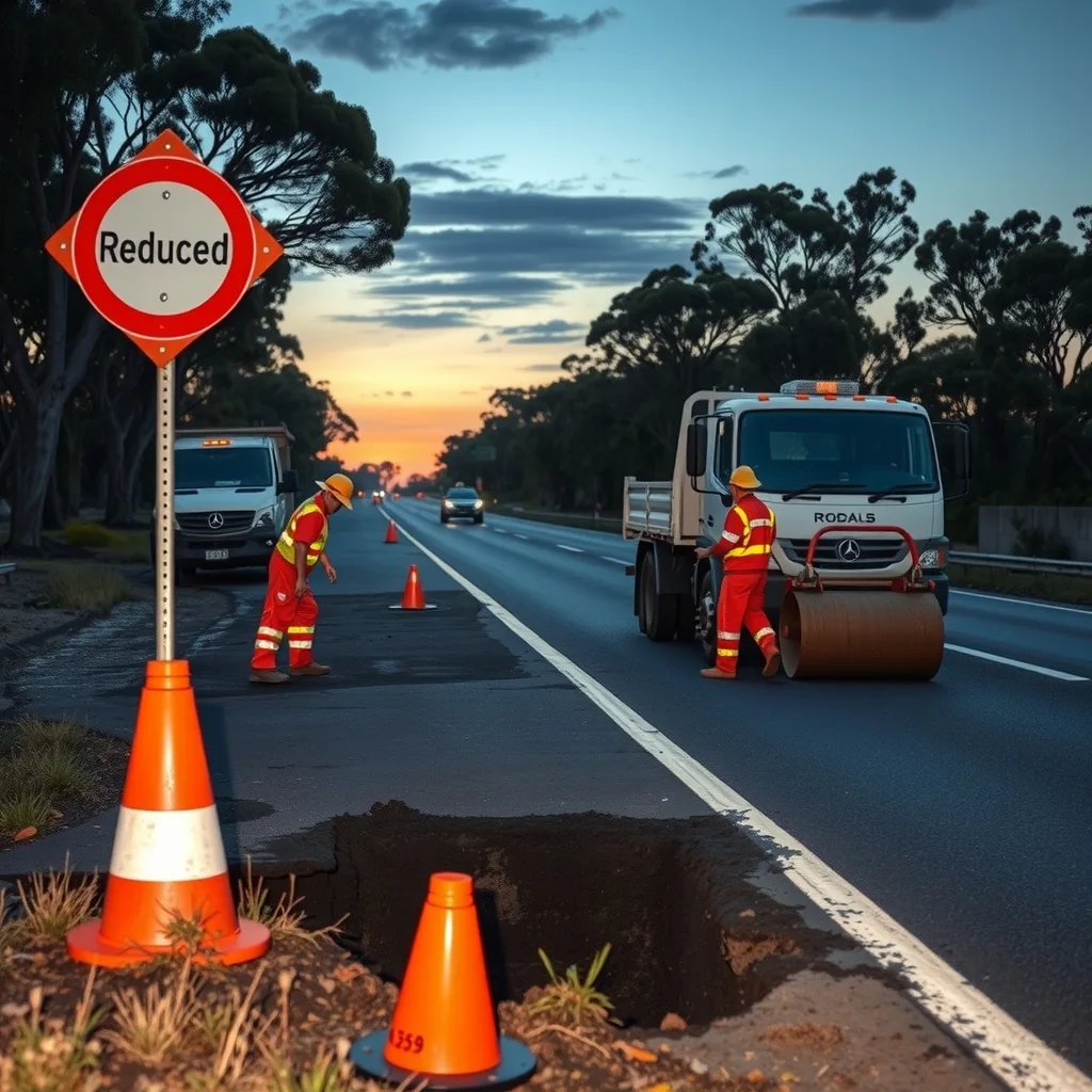 Road crew in high-vis patching a pothole on an Australian highway at dusk with a tipper truck nearby