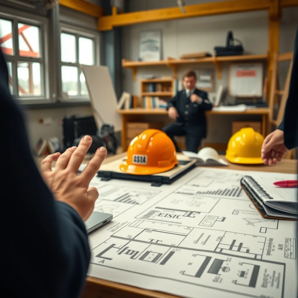 Construction site office with drawings, hard hats and a folder of compliance paperwork