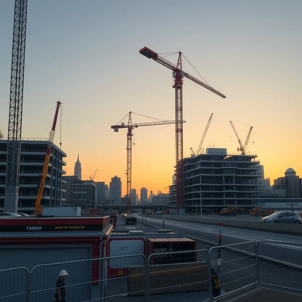 Tower cranes over a major urban civil construction site at dawn