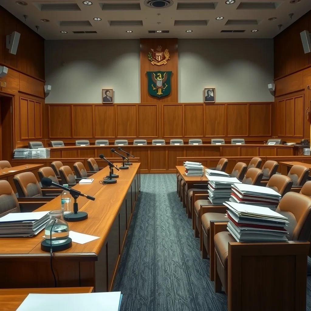 Empty formal hearing room with microphones and stacked document folders