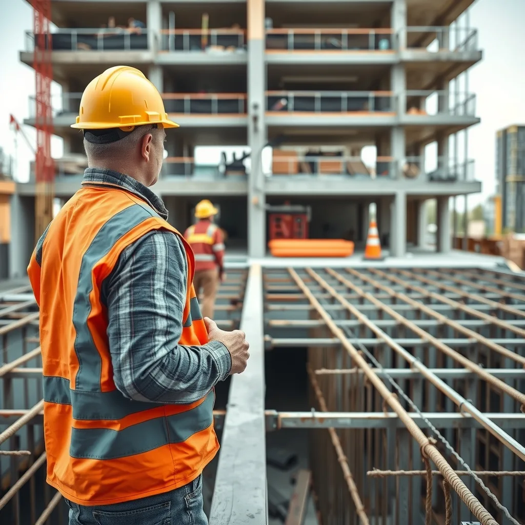 Carpenter in hi-vis checking formwork on a concrete deck