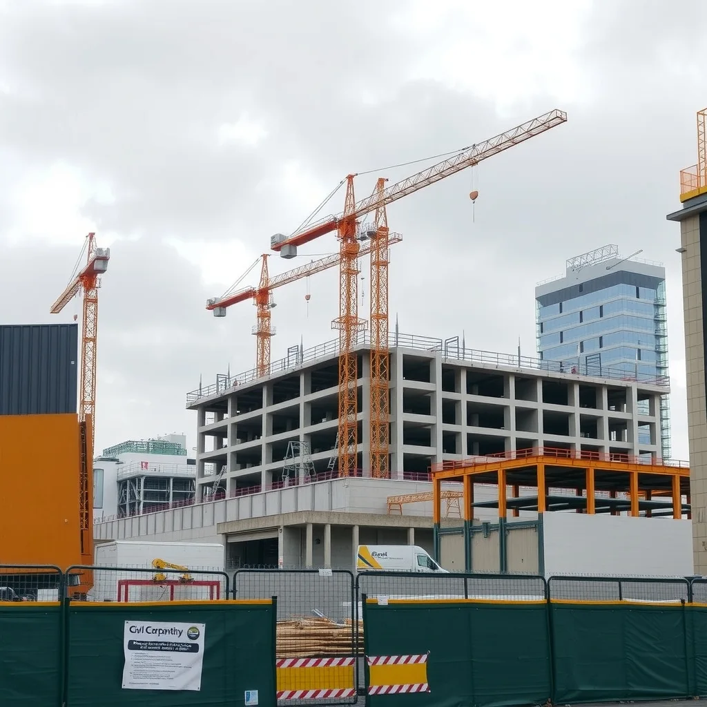 Tower cranes over a large inner-city civil construction site under an overcast sky