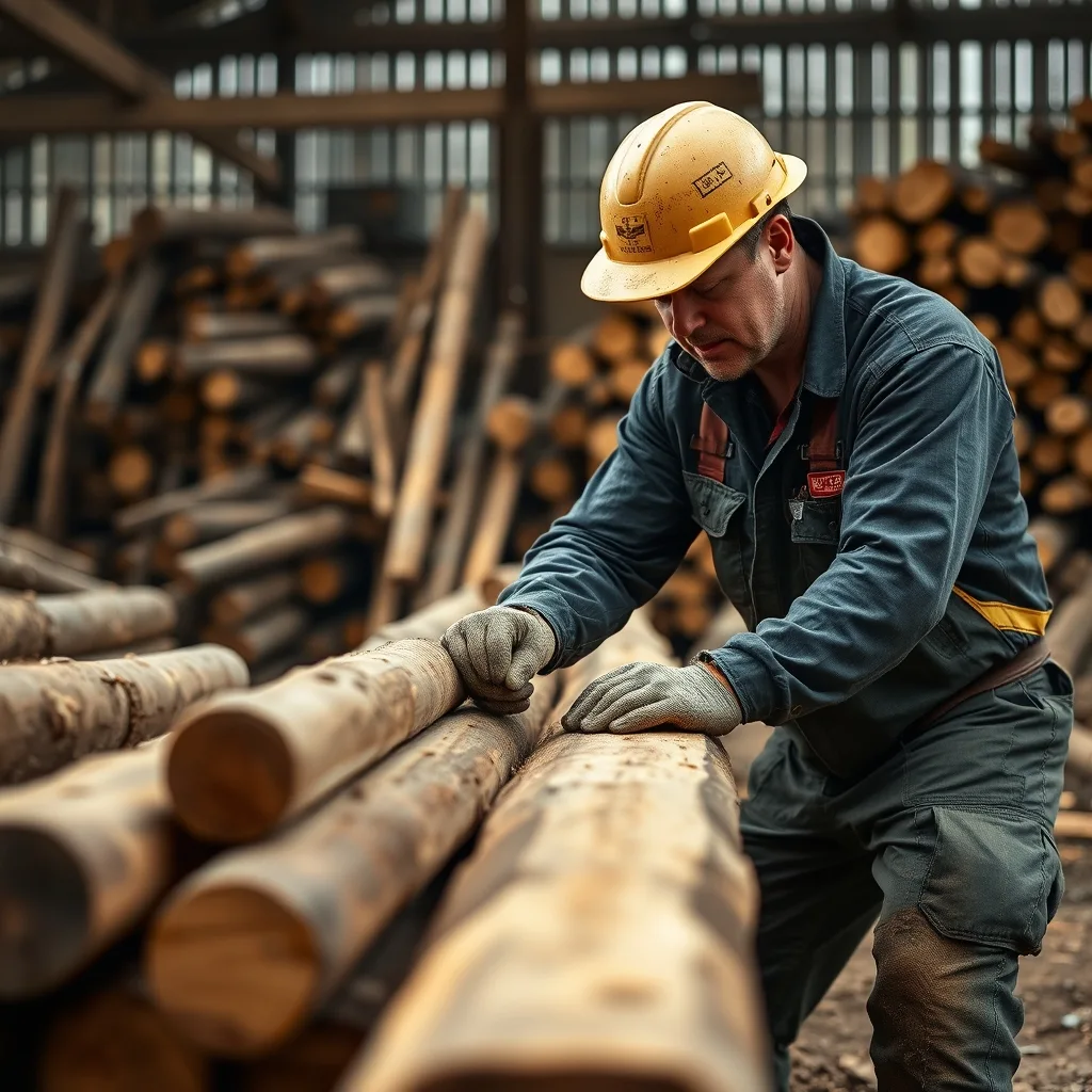 Stacks of native hardwood logs at an Australian sawmill, with industrial equipment in the background.