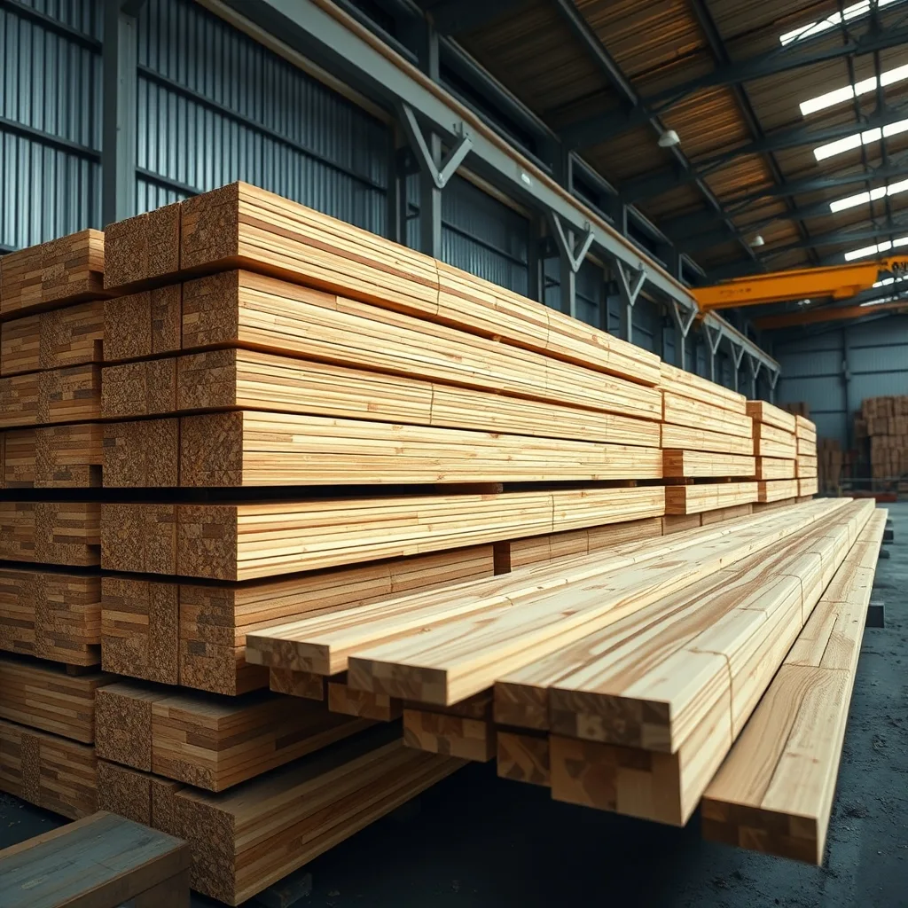 Large laminated timber beams stacked in a modern industrial timber processing facility.