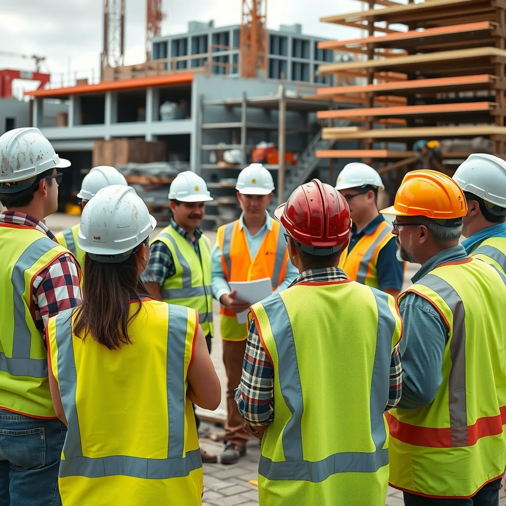 Construction crew in high-vis standing in a semicircle at a pre-start toolbox meeting on an Australian site
