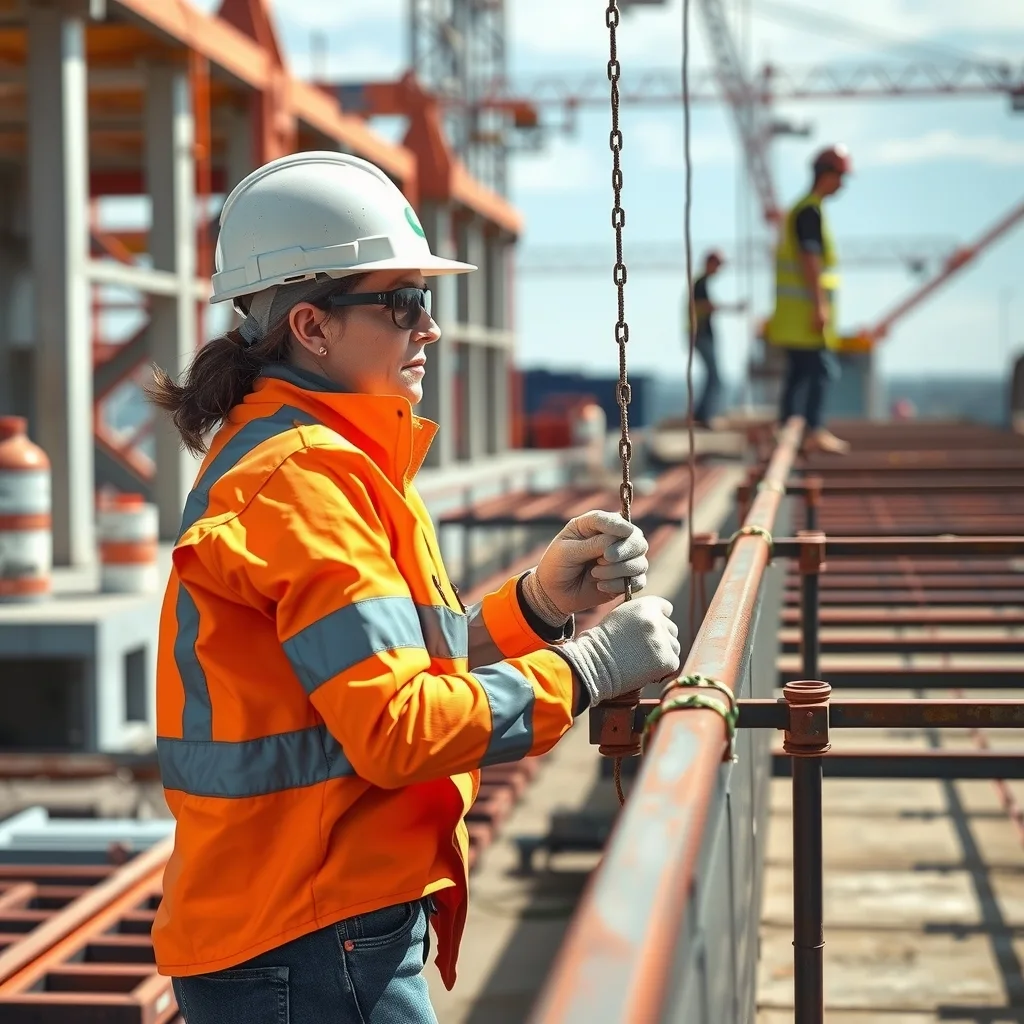 A woman in high-vis and hard hat tying reinforcing steel on an Australian construction site