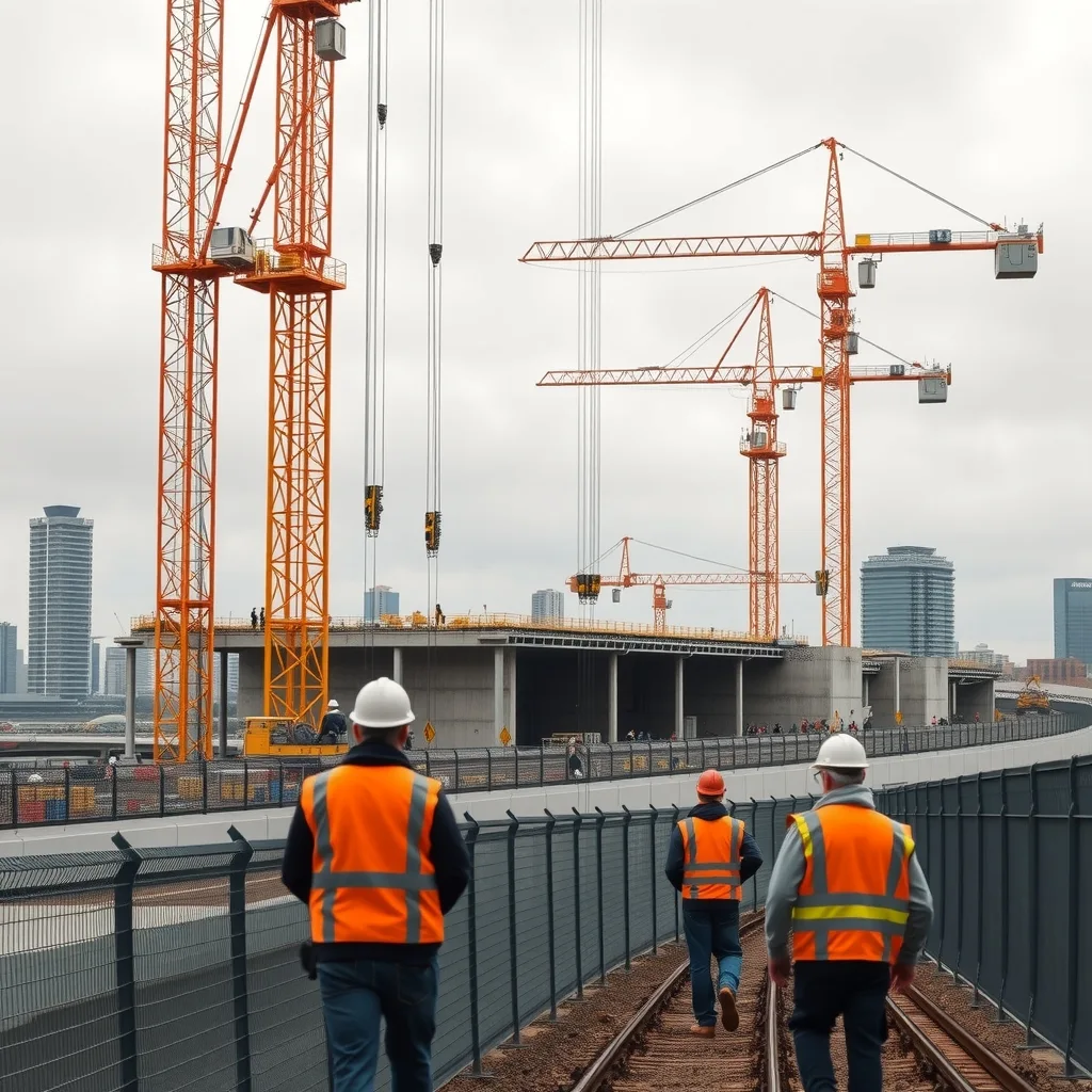 Tower cranes over a large urban civil construction site at dusk with workers in high-vis in the distance