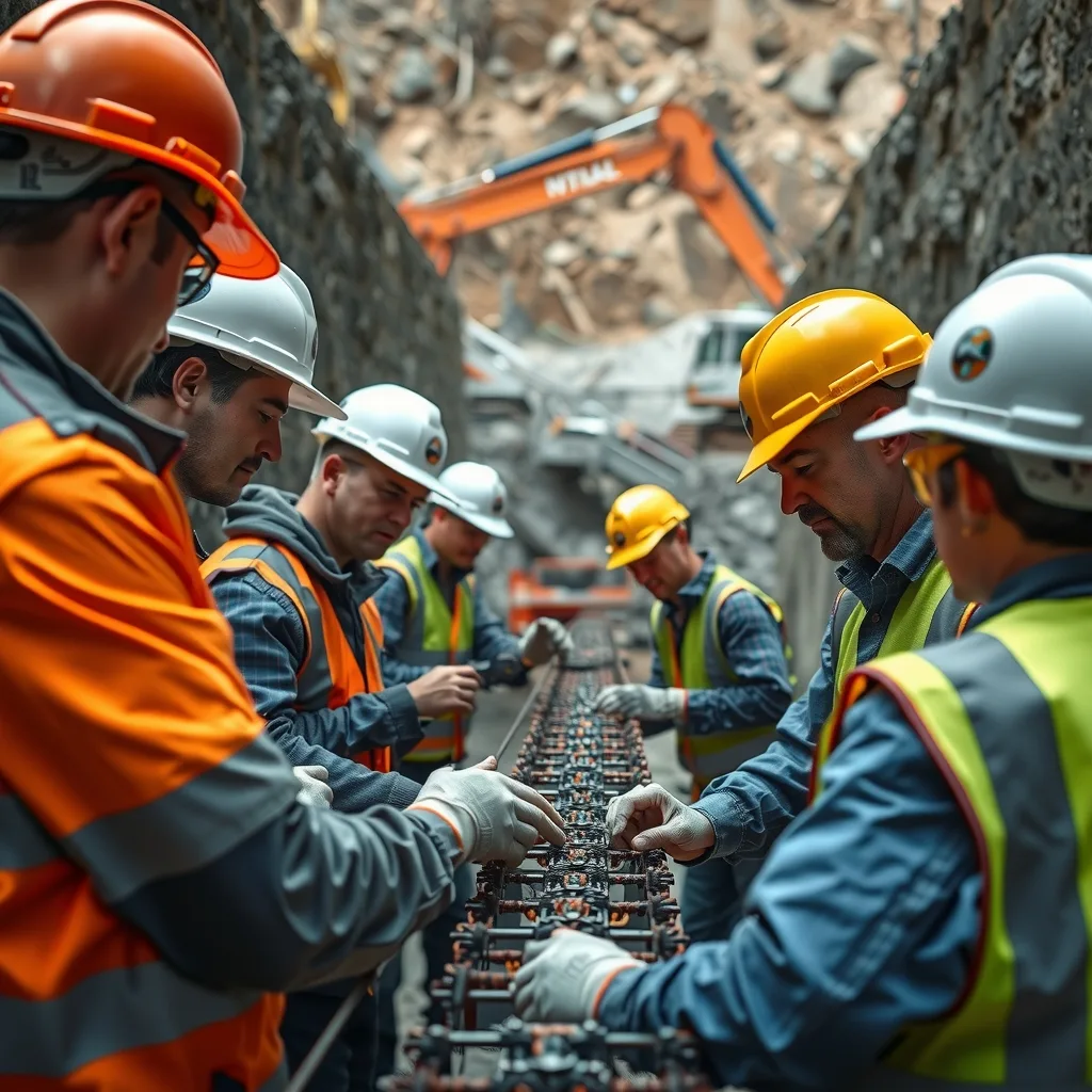 Civil construction workers tying reinforcement steel on a road project