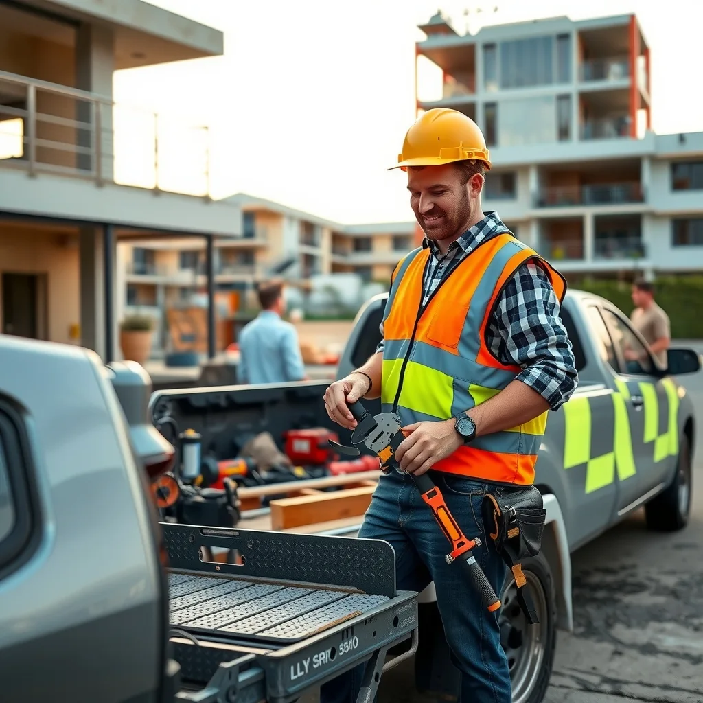 A subcontractor loading tools into a ute outside a construction site