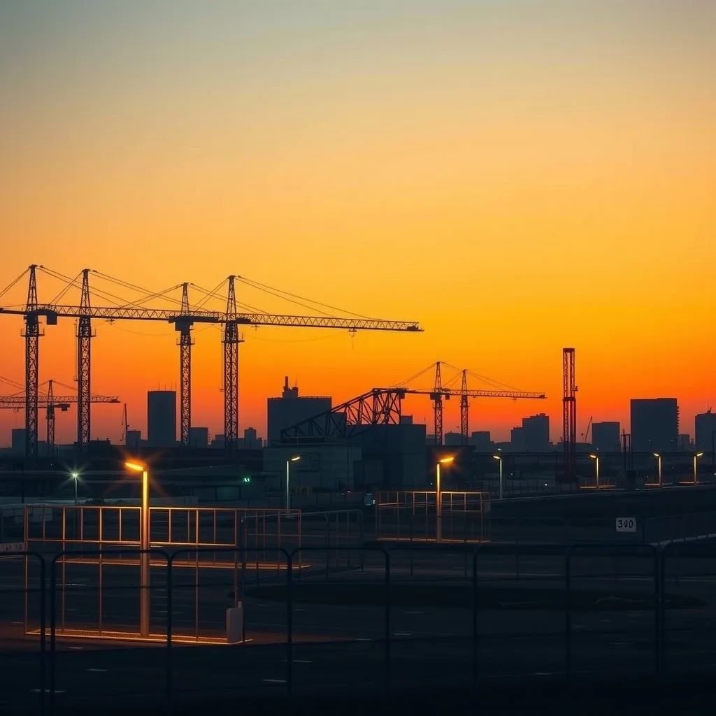 Tower cranes over a large urban infrastructure construction site at dusk