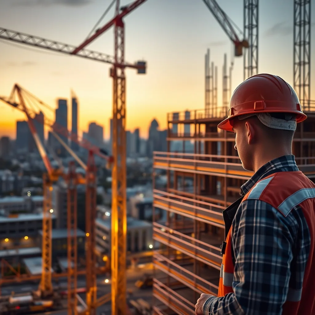 A large construction site with cranes and scaffolding against the Melbourne city skyline at dusk.