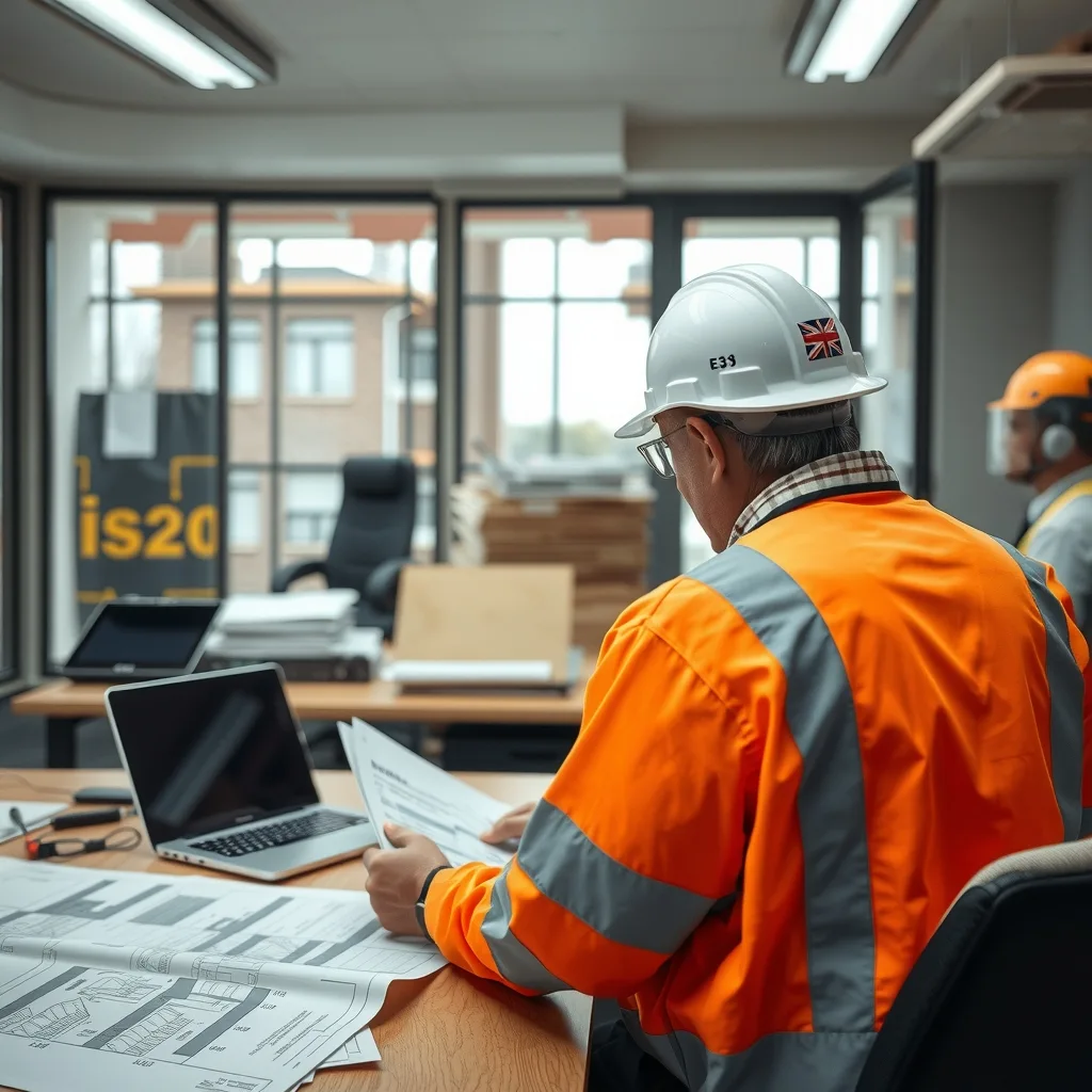 Site supervisor filling in a site diary and timesheets inside a construction site office