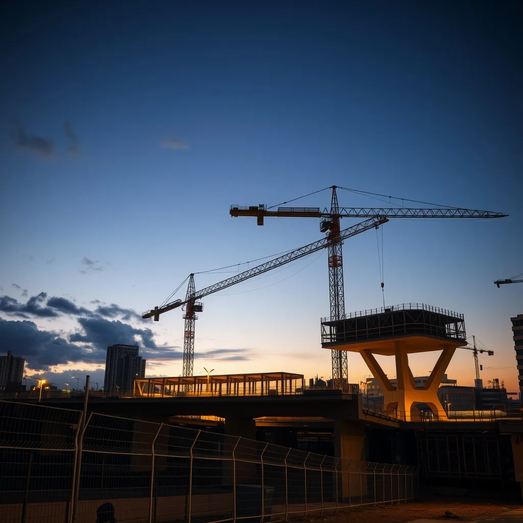 Tower cranes over a large urban rail construction site at dusk in Australia