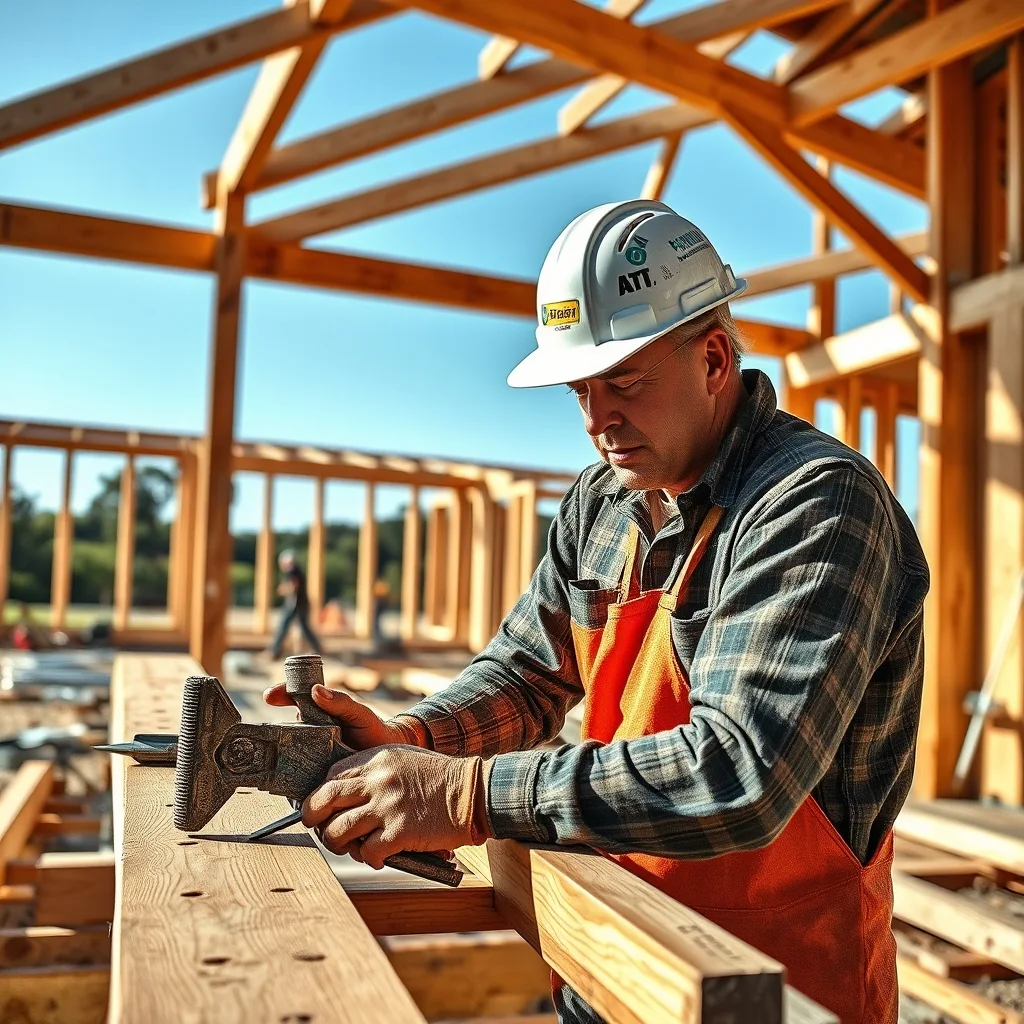 An Australian builder works on a timber frame structure at a residential construction site in Western Australia.