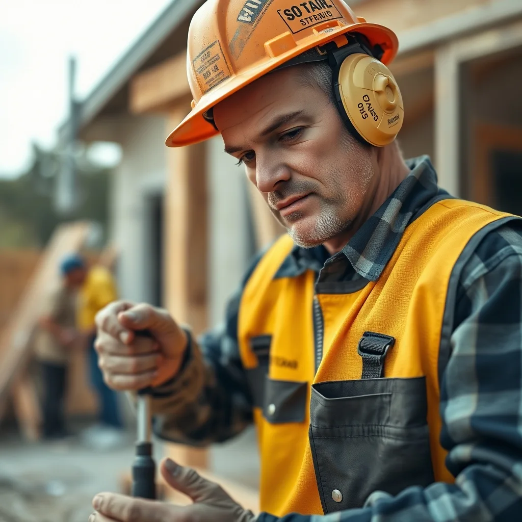 A construction worker in hi-vis stands on a residential building site with timber framing and multiple houses under construction.