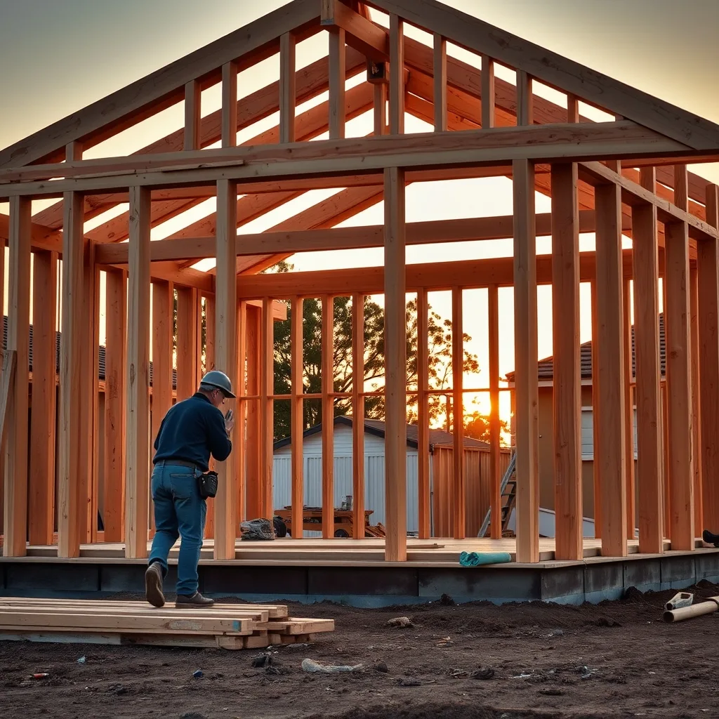 A newly framed timber house skeleton on a suburban Perth residential block at golden hour.