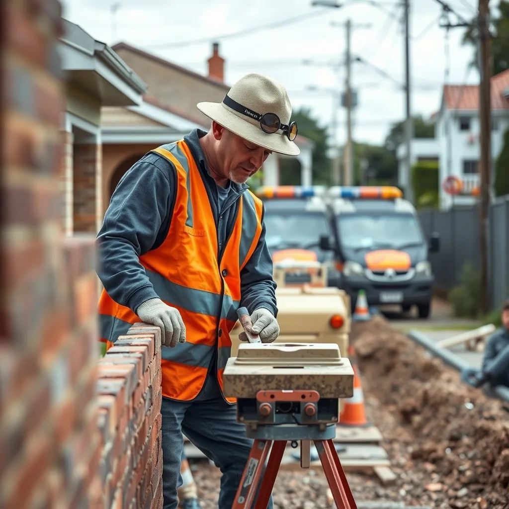 A bricklayer laying a course of bricks on a house wall in high-vis clothing