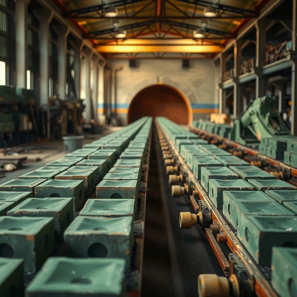 Rows of unfired bricks on kiln cars inside a brick manufacturing plant