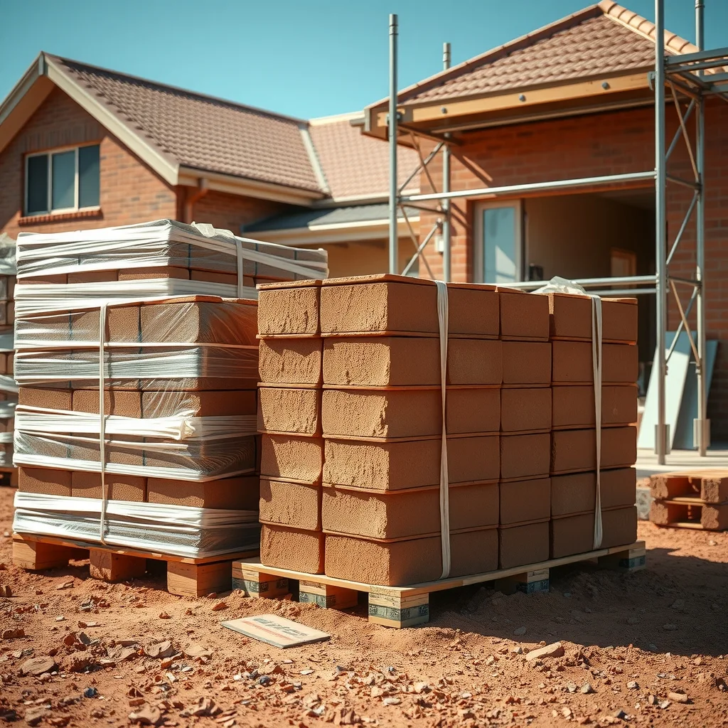 Pallets of bricks stacked on a suburban house block in front of a partly built double-brick home