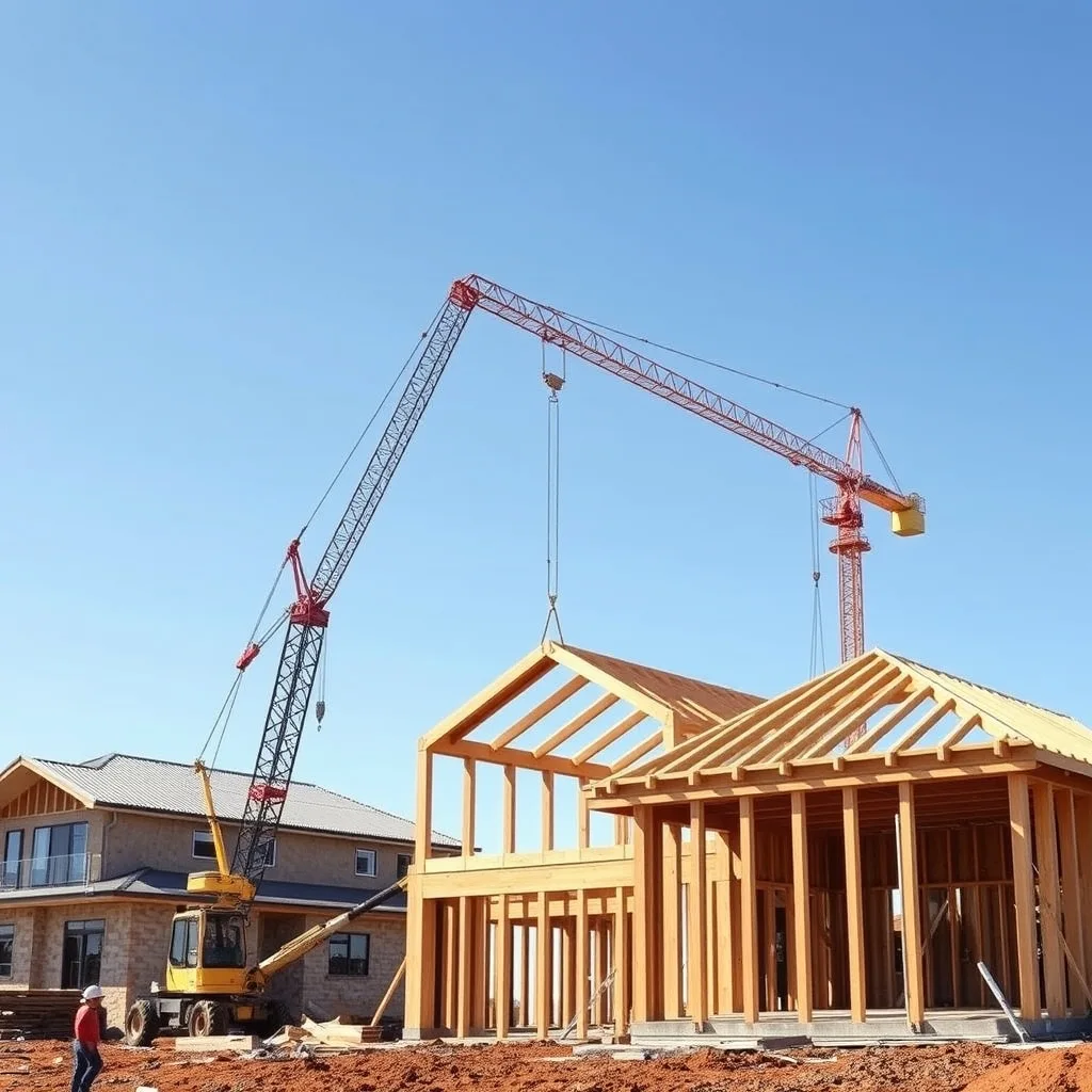 A half-built residential construction site in Western Australia with cranes and timber framing against a clear sky.