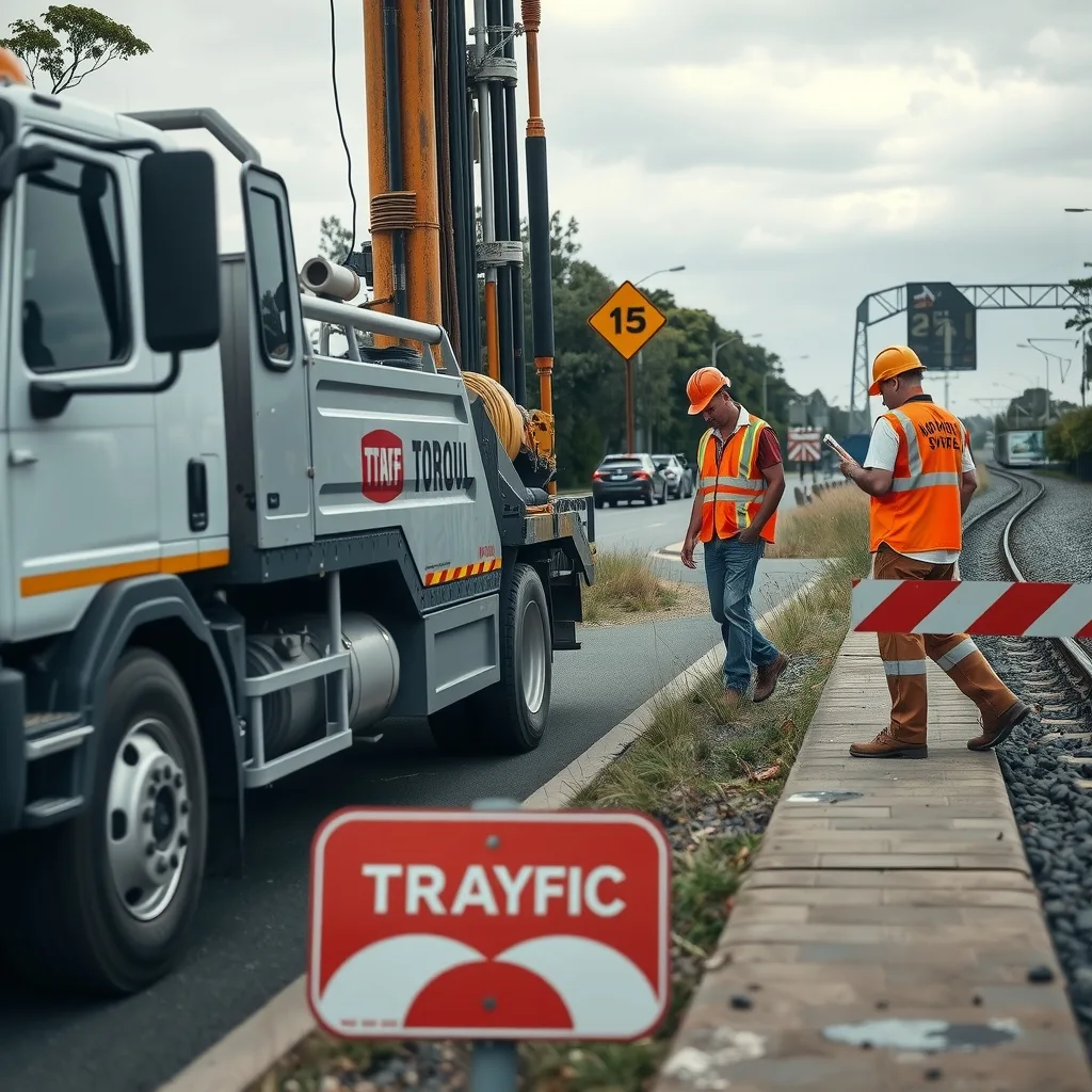 Geotechnical drill rig taking a borehole beside a rail line while workers in high-vis log samples