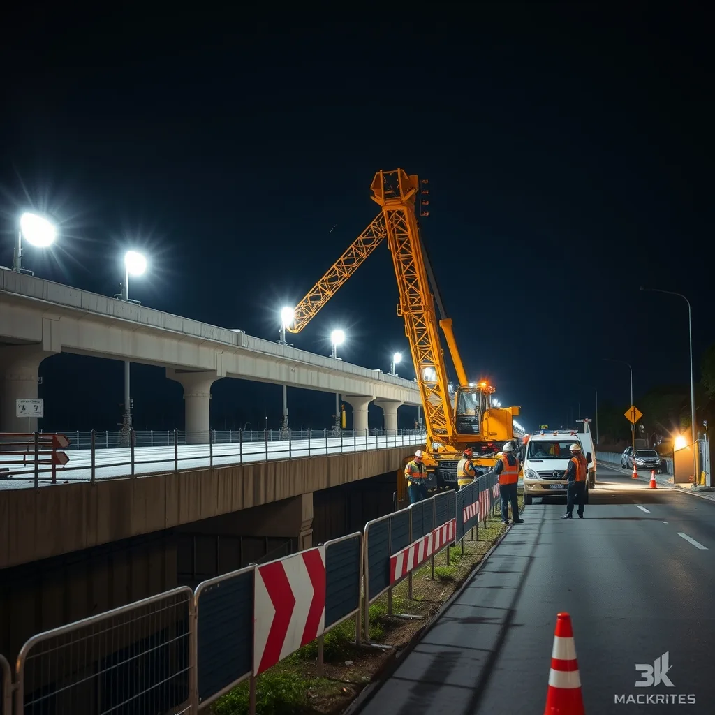 Night construction work at a road bridge being built over a railway line under floodlights
