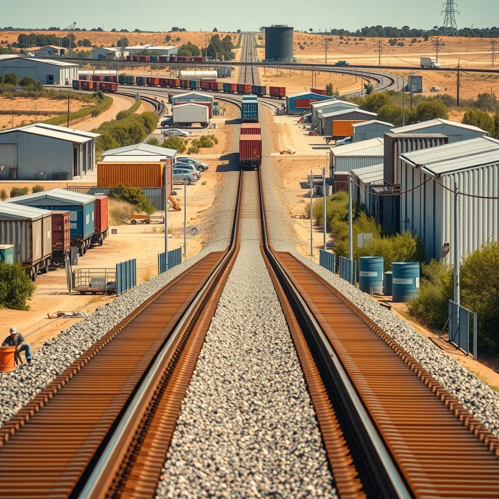 A freight rail corridor running past light industrial land in outer suburban Australia