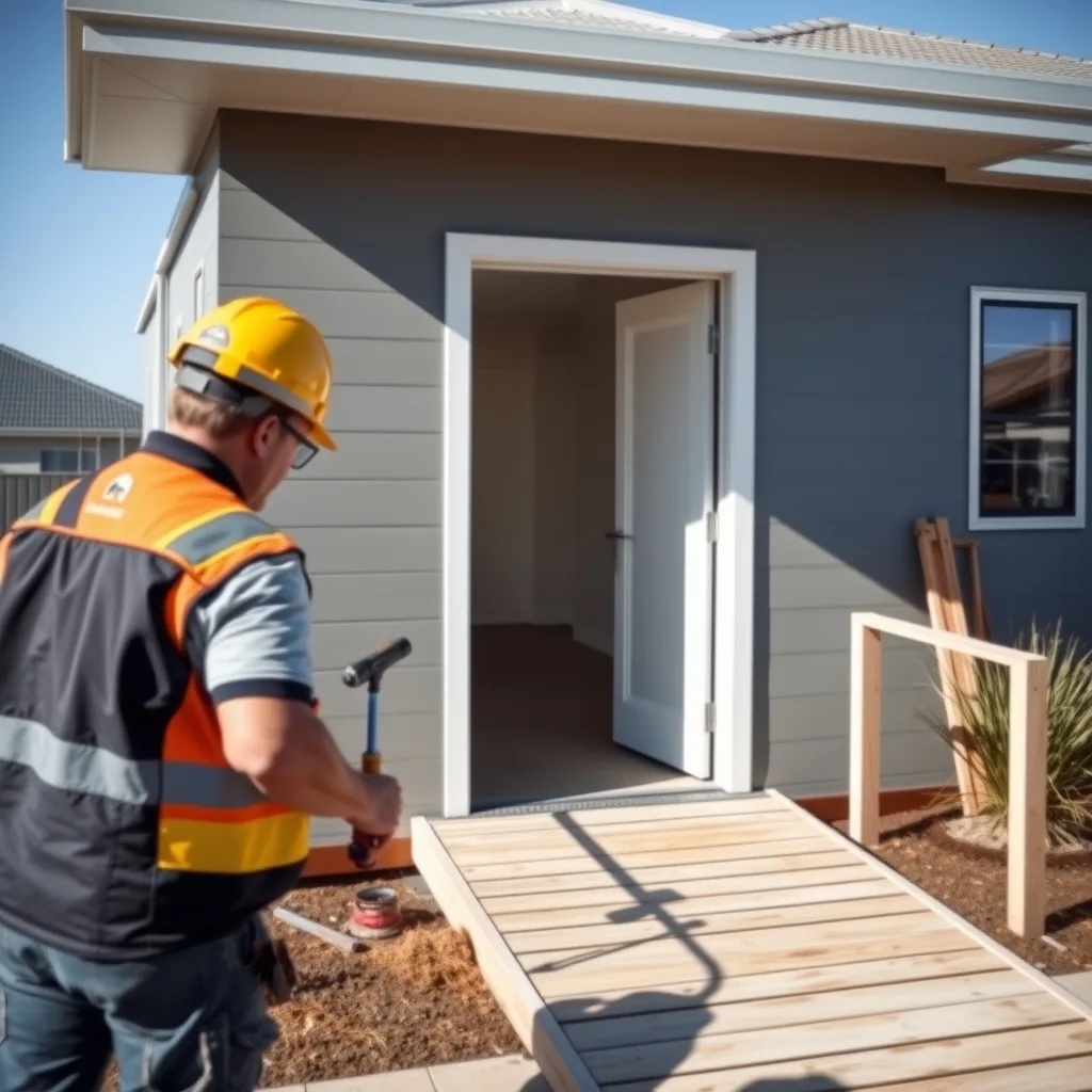 An accessible home with wide doorways and a level entry ramp on a new residential street in Western Australia.