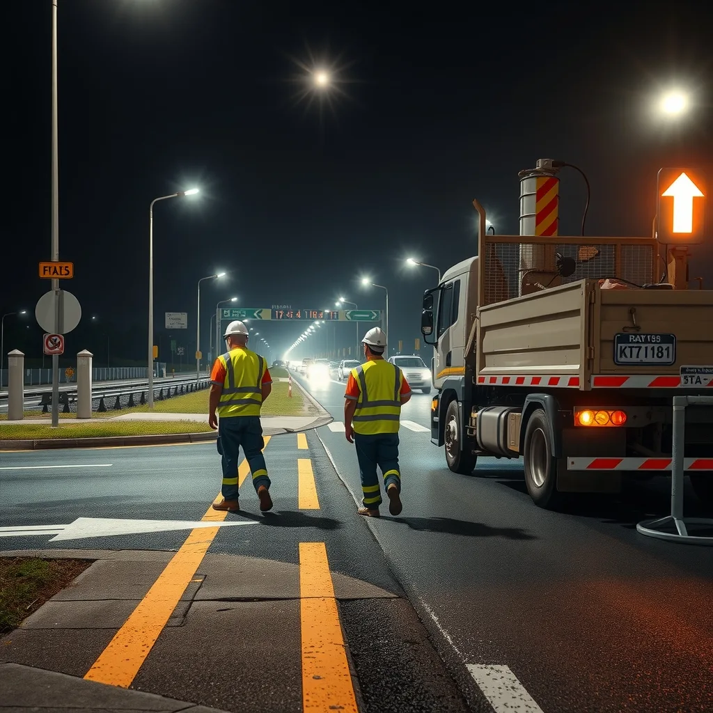 Night shift road crew and traffic controller working under lighting towers at a highway intersection
