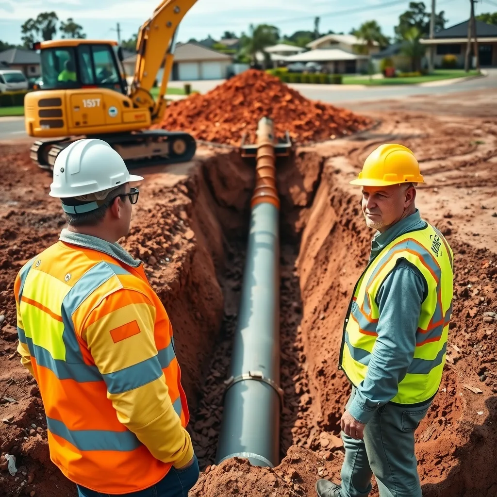 Workers in hi-vis lowering a stormwater pipe into a shored trench on a new Australian subdivision
