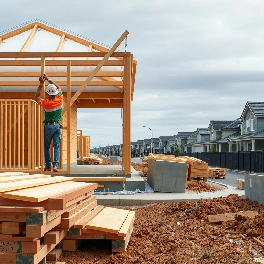 Carpenters standing timber wall frames on a concrete slab in a new Australian housing estate