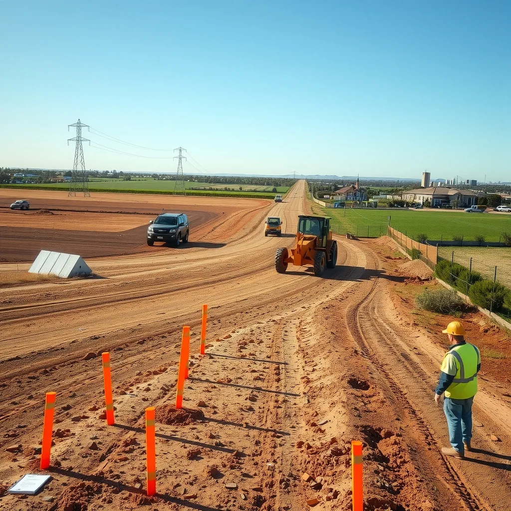Earthmoving machinery working a cleared paddock on the edge of a regional Australian town, with survey pegs marking out new roads