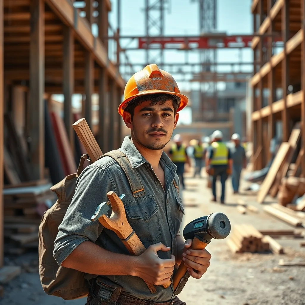 A young tradesperson carrying tools and equipment across a busy Perth construction site.