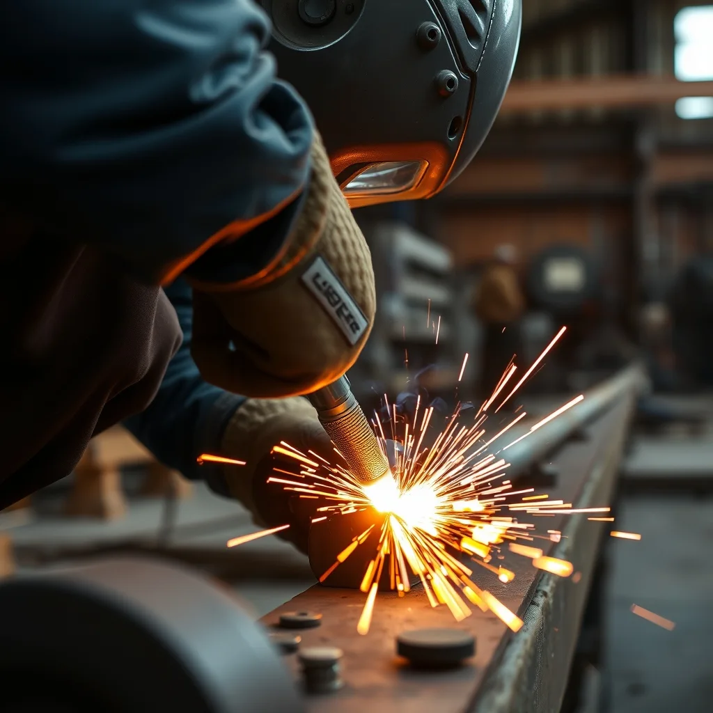 Welding sparks and bright orange flame on a steel joint inside an Australian shipyard workshop.