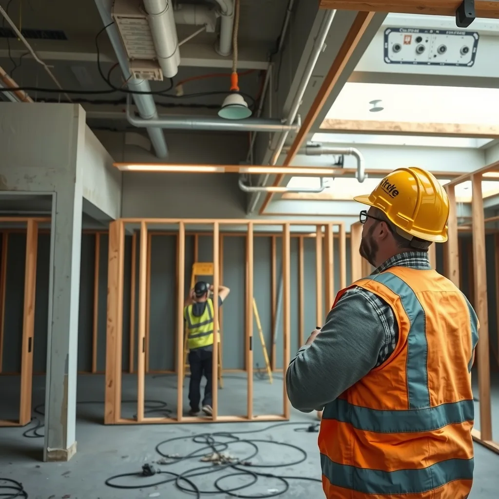 A carpenter installing steel stud partition framing in an unfinished office fitout